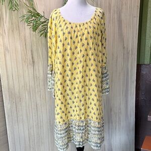 New Directions Boho Yellow Spring Floral 3/4 Bell Sleeve Dress, XL, Fully Lined